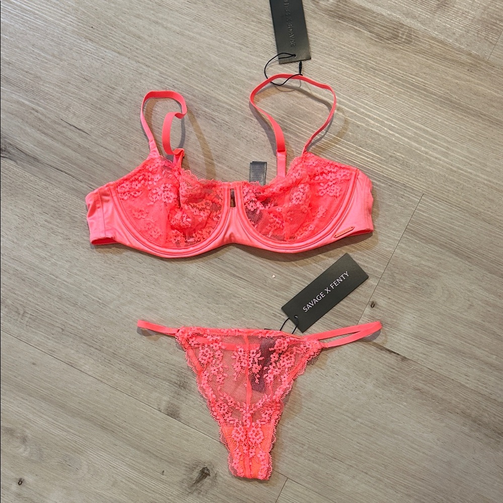 NWT Savage X Fenty lace hour unlined balconette bra and G string undies